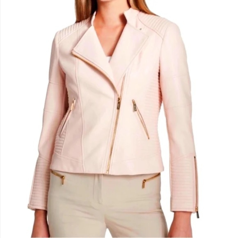 Calvin Klein Cream Faux Leather Moto Ribbed Jacket with Gold Hardware size XL